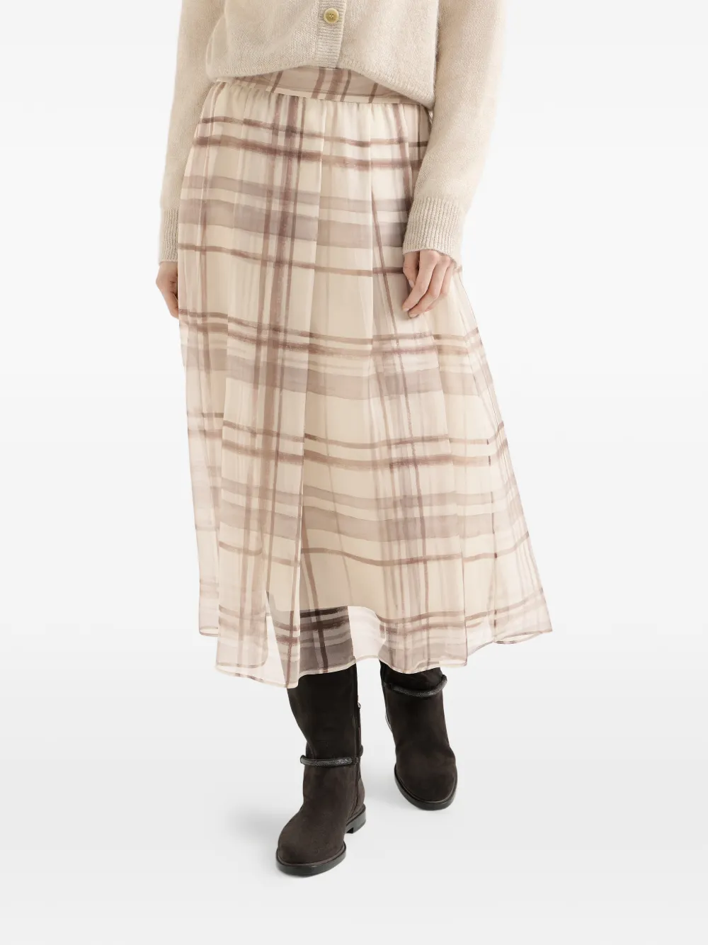 Brunello Cucinelli Zijde organza geplooide rok met macroruit Beige