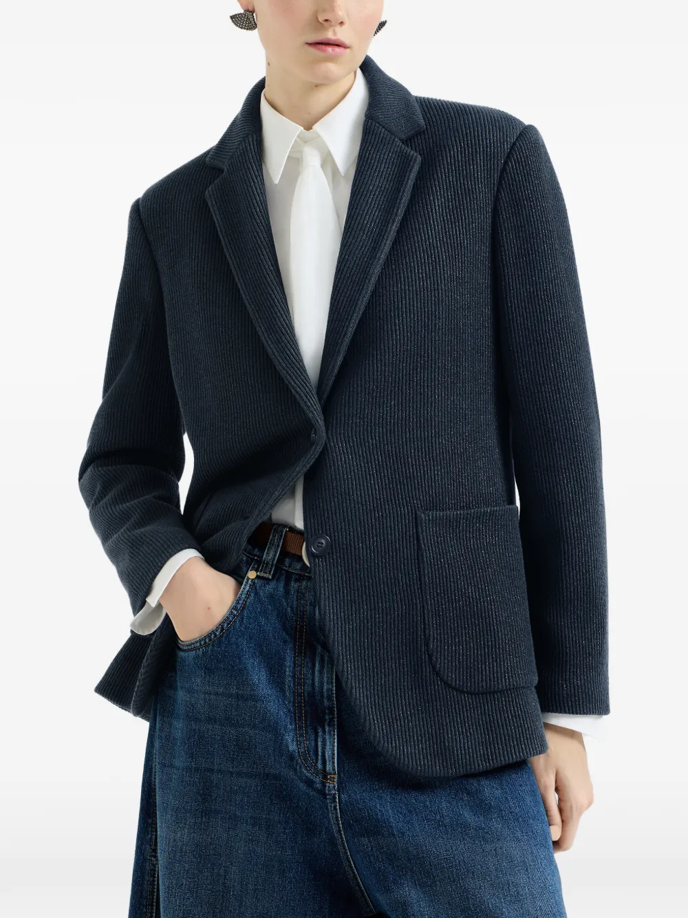 Brunello Cucinelli Katoenen en viscose ribgebreide blazer met monili Blauw