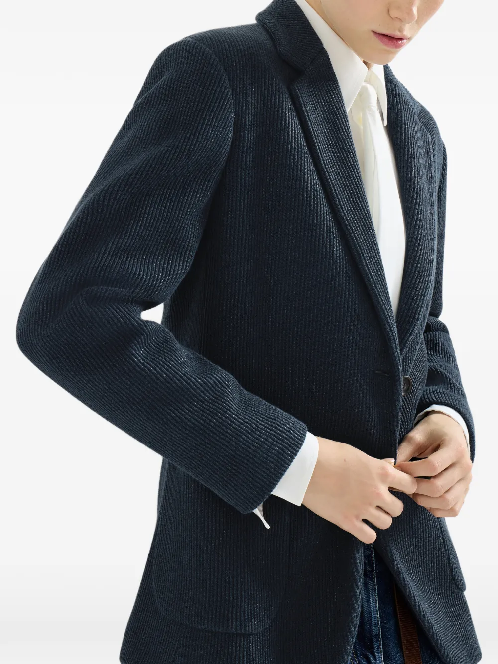 Brunello Cucinelli Katoenen en viscose ribgebreide blazer met monili Blauw