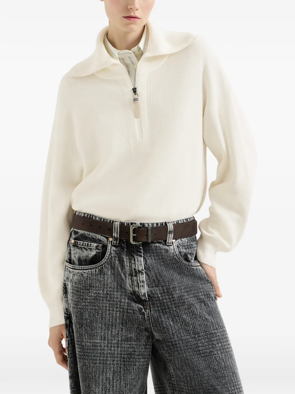 Brunello Cucinelli Katoenen Engelse geribbelde trui met glanzende ritssluiting Beige