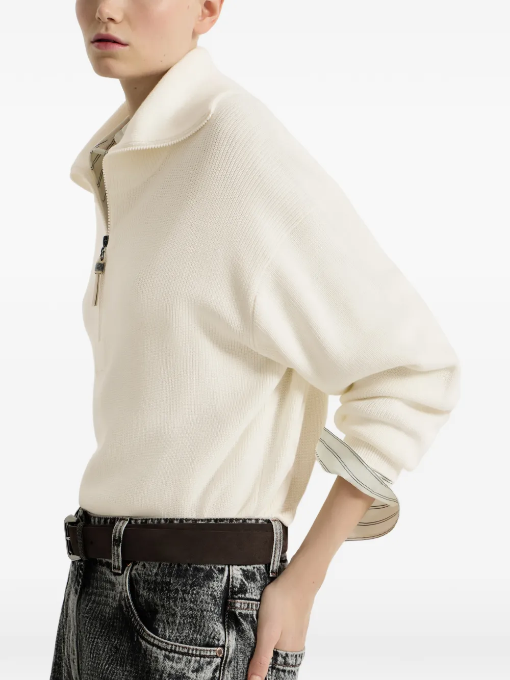 Brunello Cucinelli Katoenen Engelse geribbelde trui met glanzende ritssluiting Beige