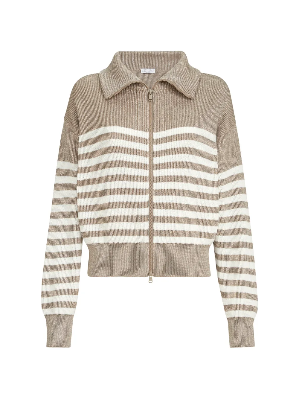 Brunello Cucinelli sparkling cotton striped English rib cardigan with zipper and monili - Toni neutri