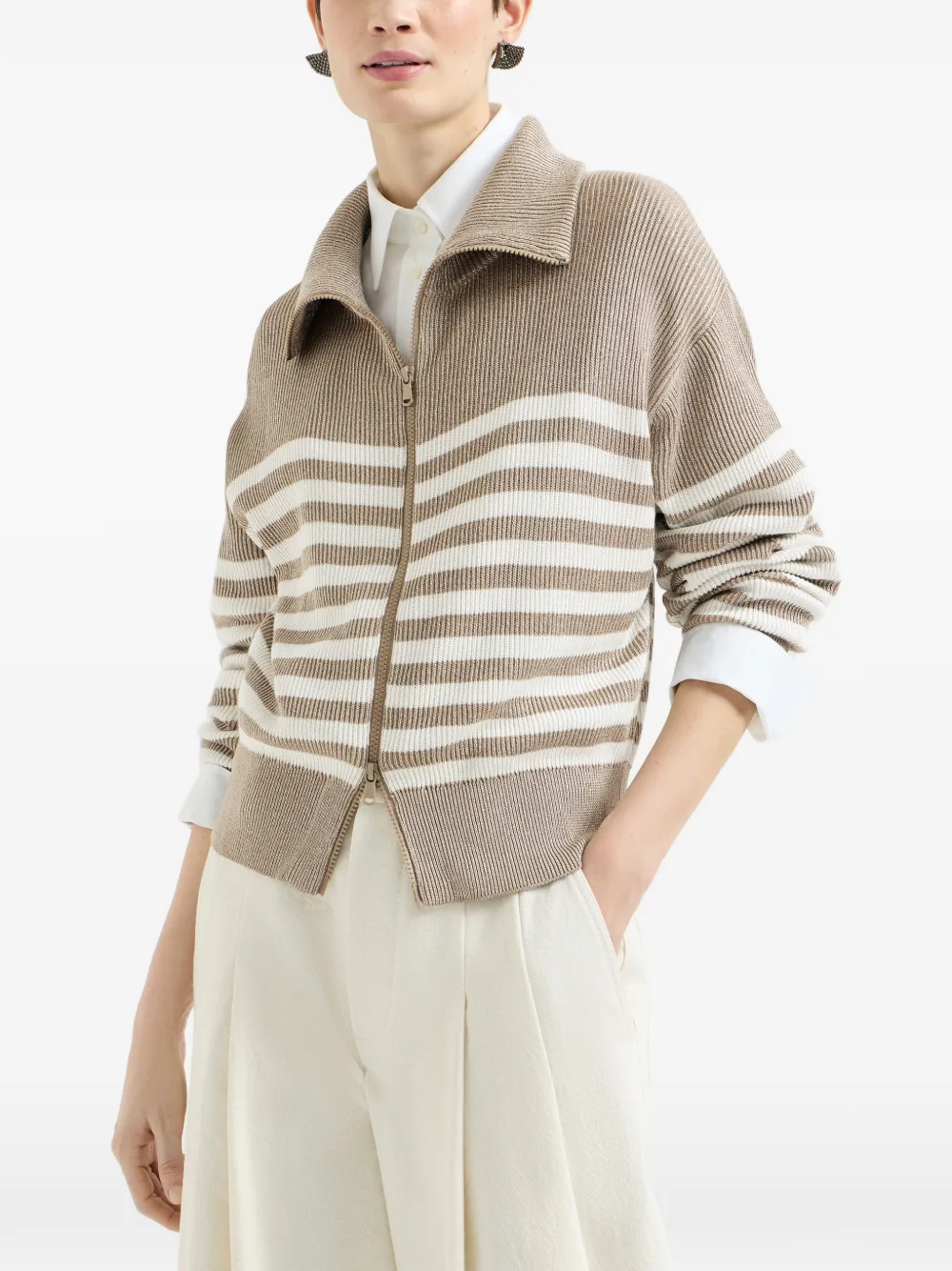  Brunello Cucinelli Cardigan à Côtes Anglaises Rayées En Coton Pétillant Avec Fermeture éclair Et Monili - Tons Neutres 