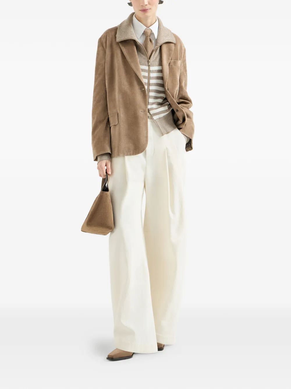  Brunello Cucinelli Cardigan à Côtes Anglaises Rayées En Coton Pétillant Avec Fermeture éclair Et Monili - Tons Neutres 