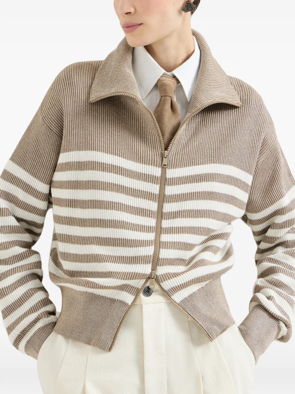 Brunello Cucinelli Katoenen gestreept ribgebreid vest met rits en monili Beige