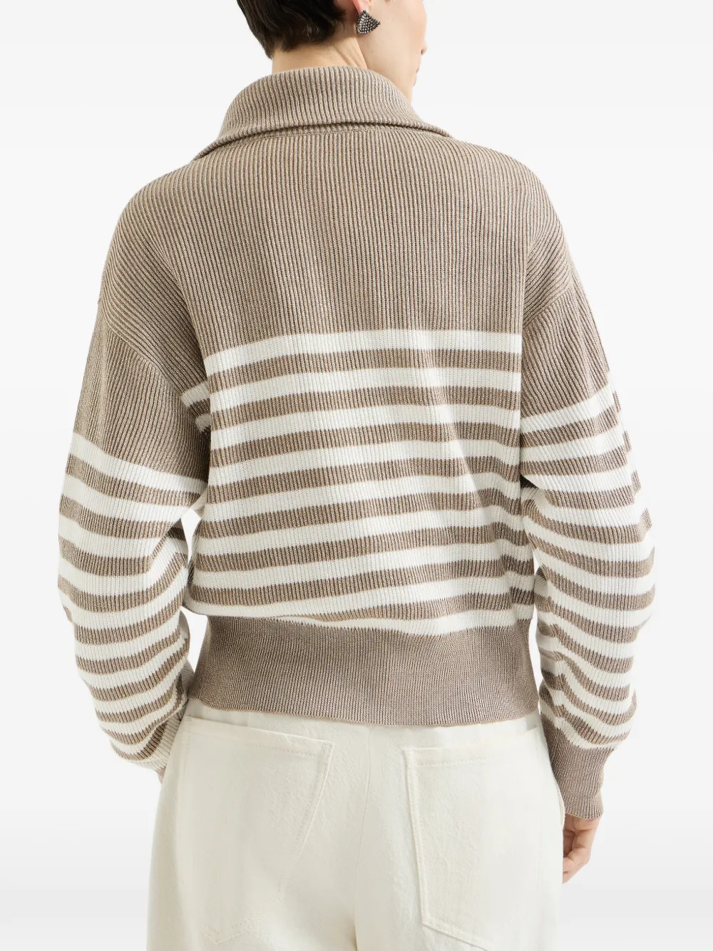 Brunello Cucinelli Katoenen gestreept ribgebreid vest met rits en monili Beige