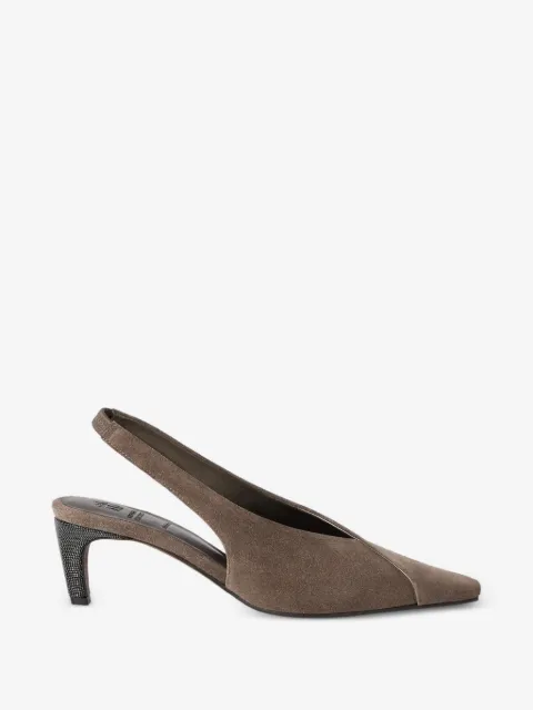 Brunello Cucinelli 프레셔스 힐 스웨이드 시티 슬링백 펌프스