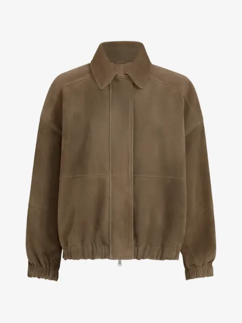 Brunello Cucinelli couture suede outerwear jacket with shiny zipper pull