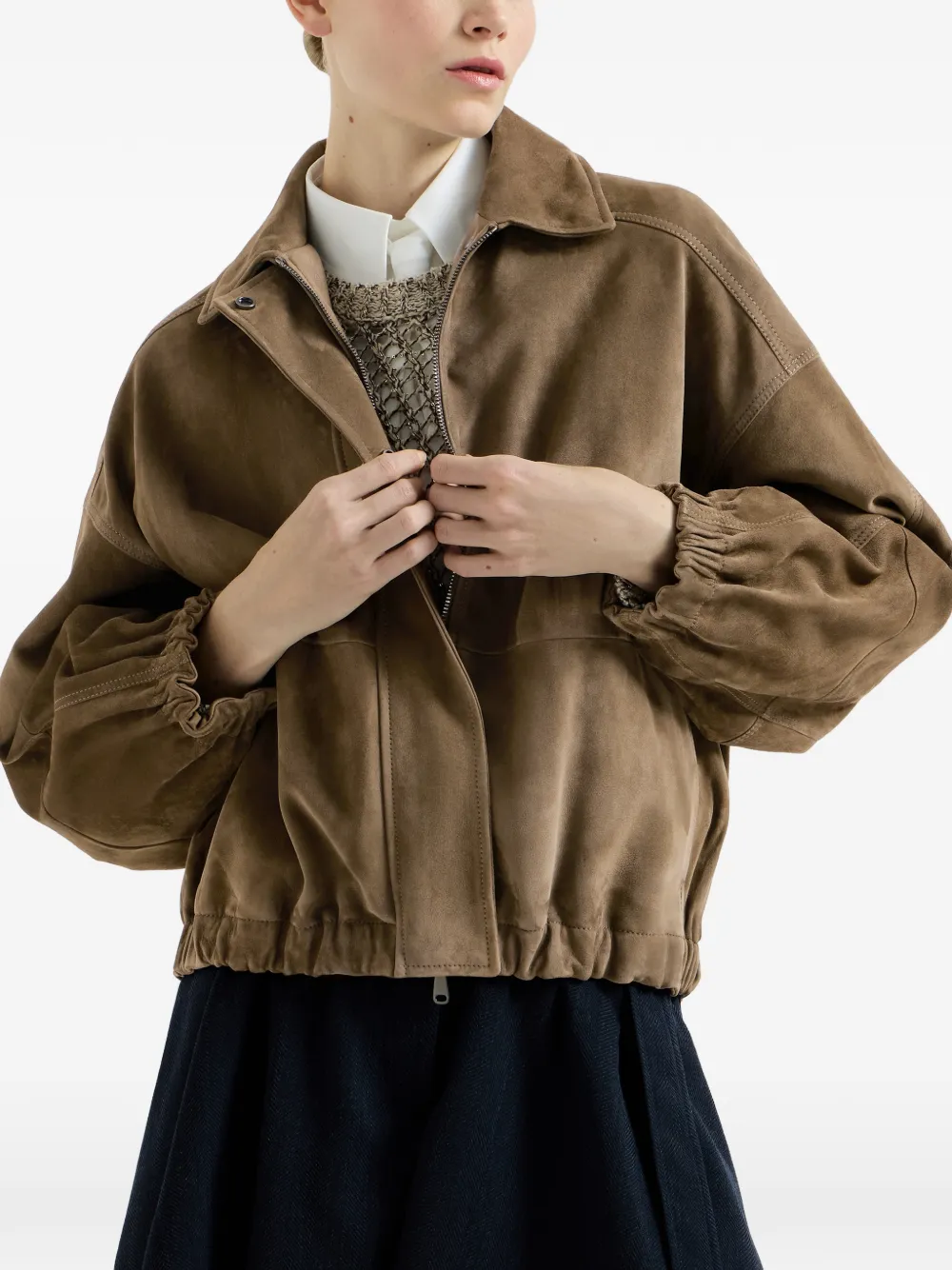 Brunello Cucinelli Couture suède jack met glanzende rits Bruin