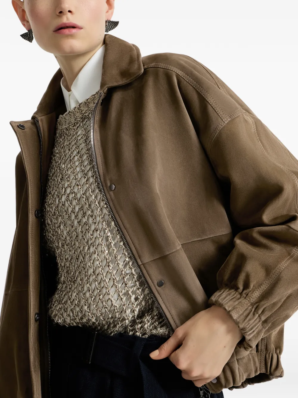 Brunello Cucinelli Couture suède jack met glanzende rits Bruin