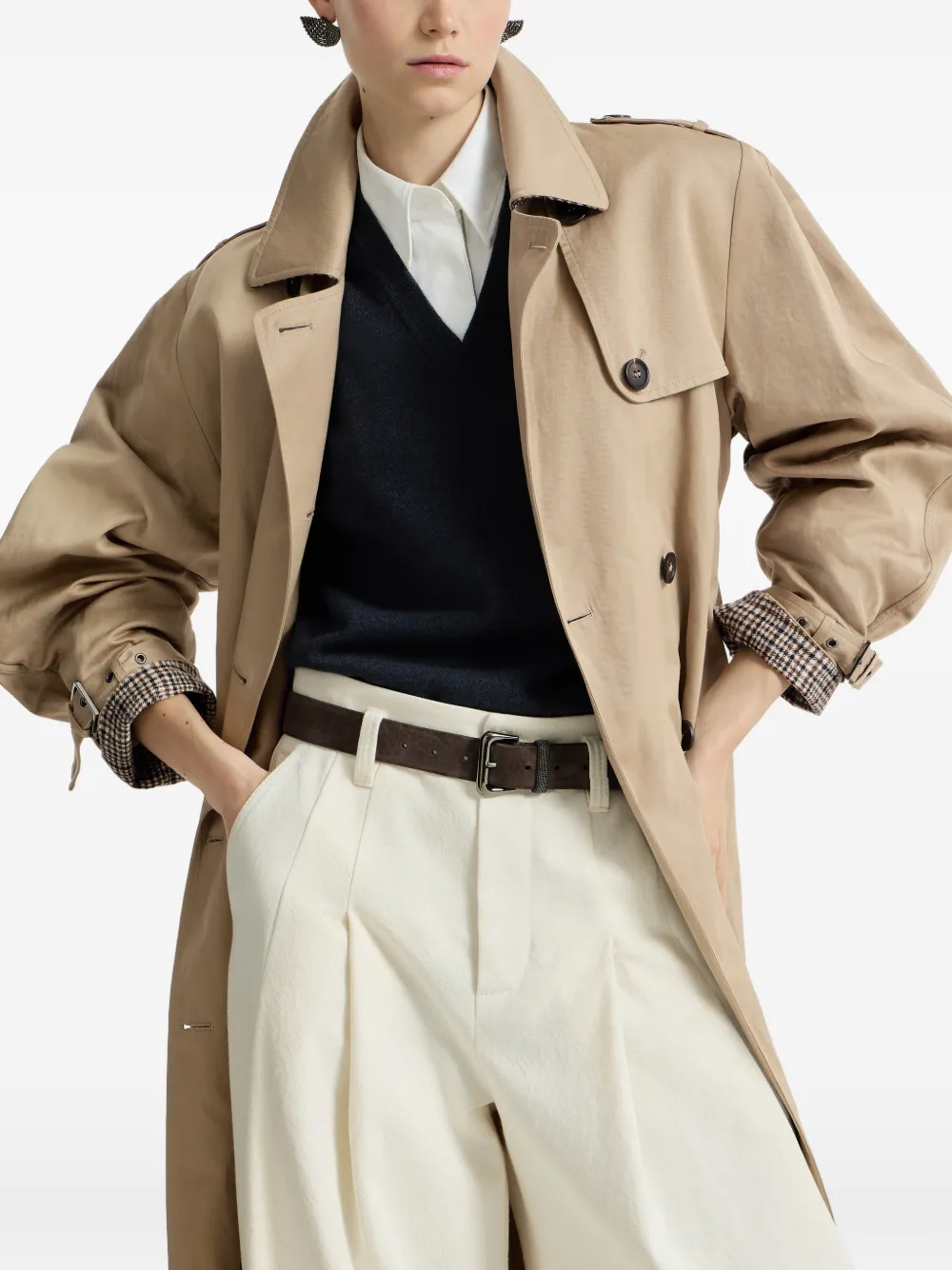 Brunello Cucinelli Katoenen en linnen twill trenchcoat met monili-detail Beige