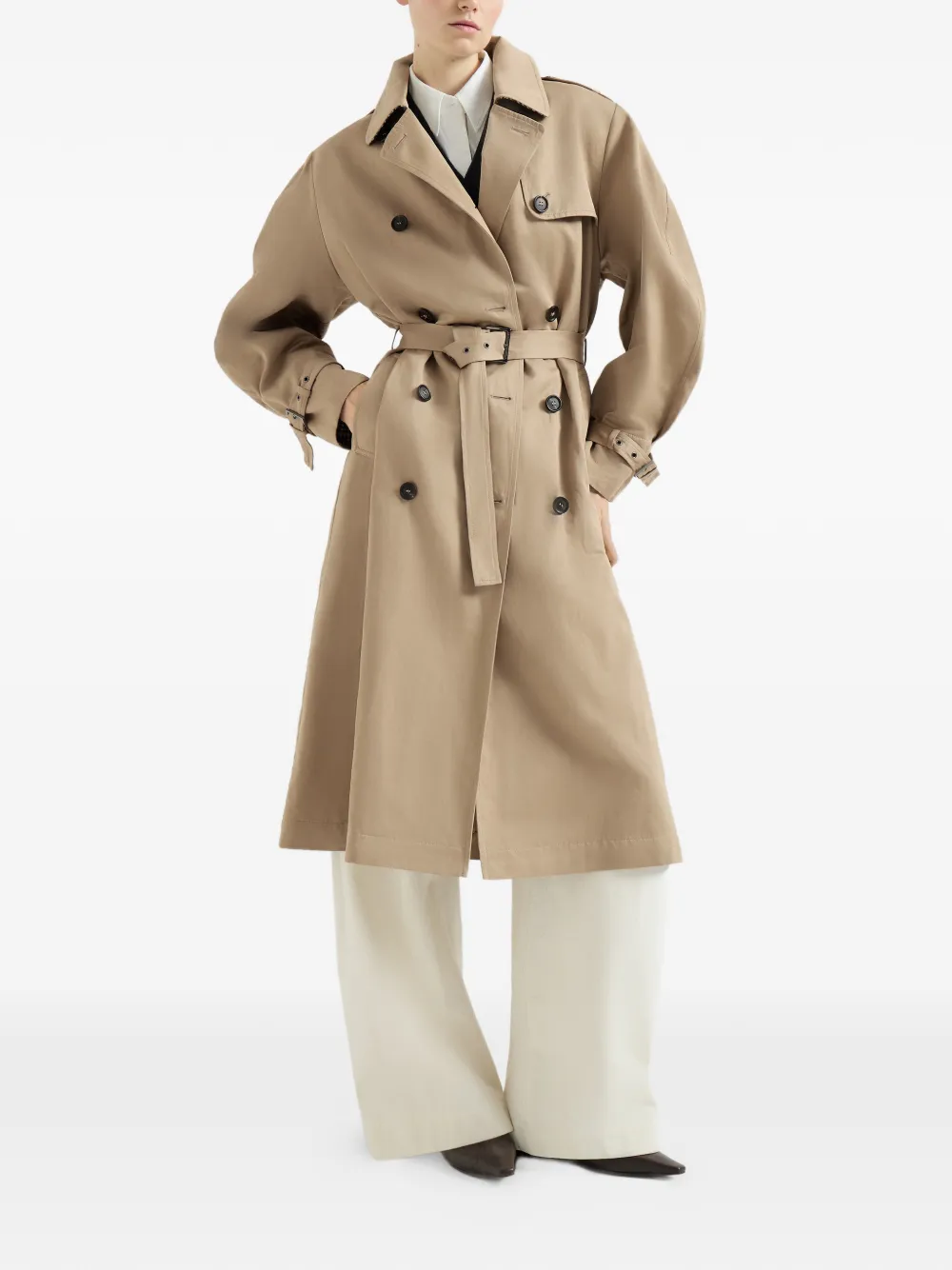 Brunello Cucinelli Katoenen en linnen twill trenchcoat met monili-detail Beige