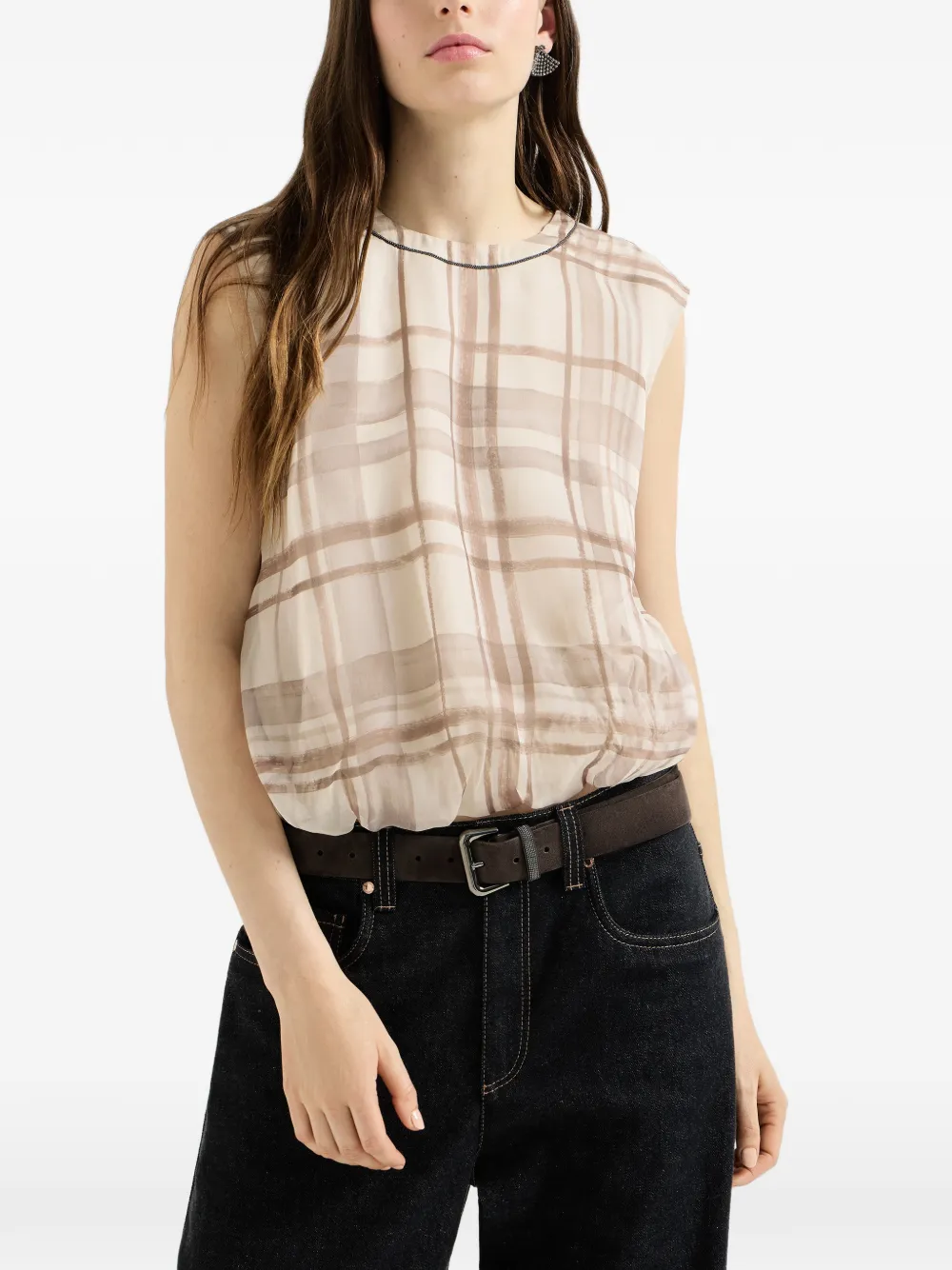 Brunello Cucinelli Zijden organza geruit T-shirt met nekdetail Beige