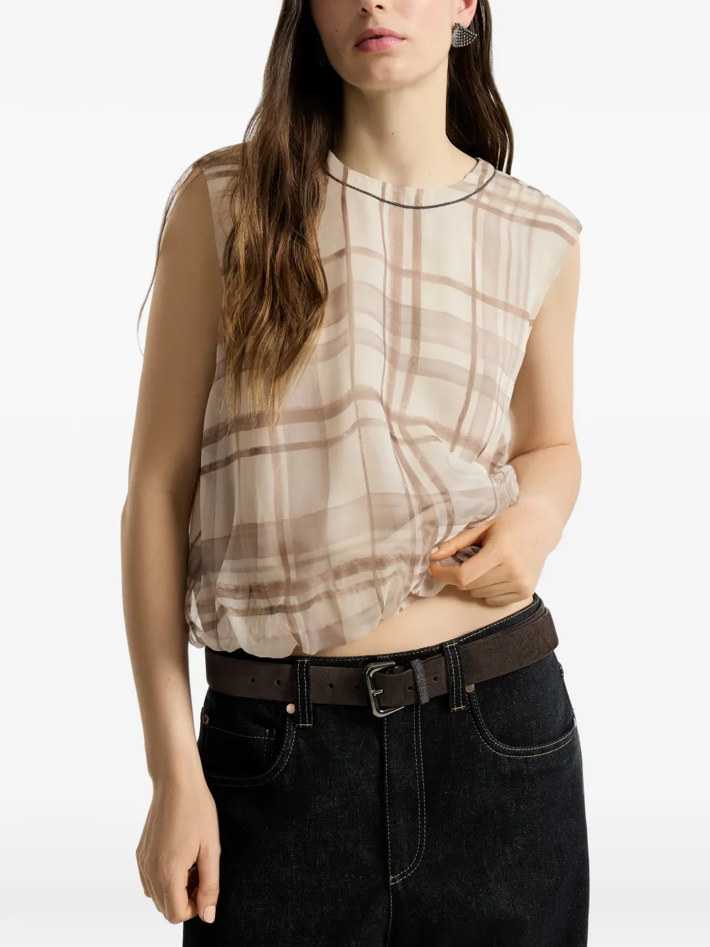 Brunello Cucinelli Zijden organza geruit T-shirt met nekdetail Beige