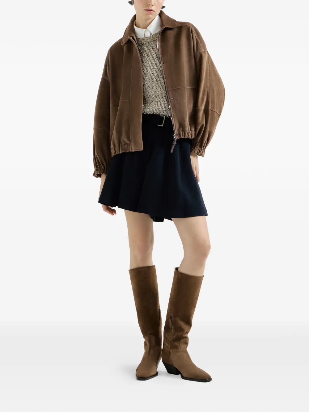 Brunello Cucinelli Scheerwollen crêpe chevron broekrok met monili Blauw