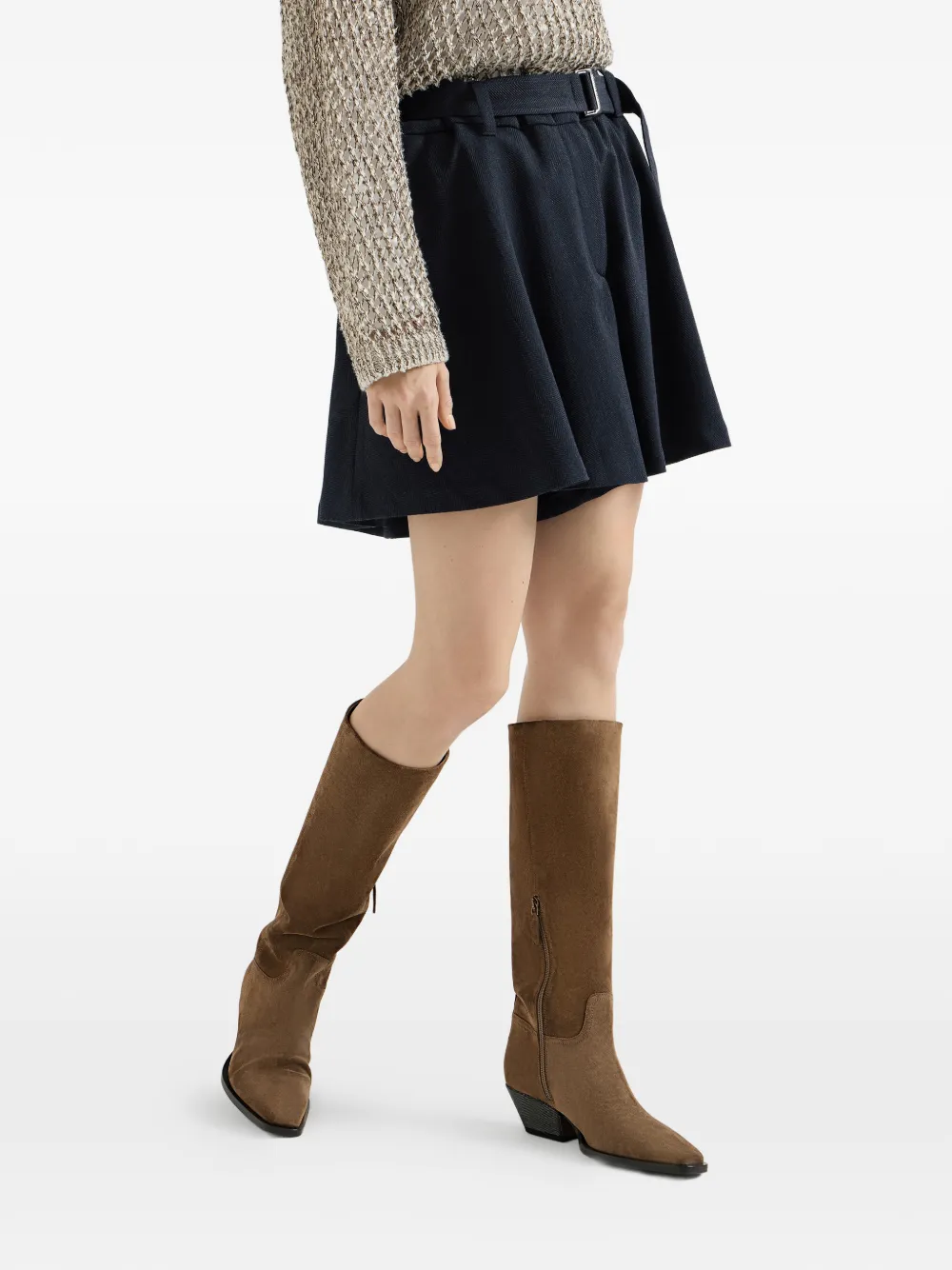 Brunello Cucinelli Scheerwollen crêpe chevron broekrok met monili Blauw