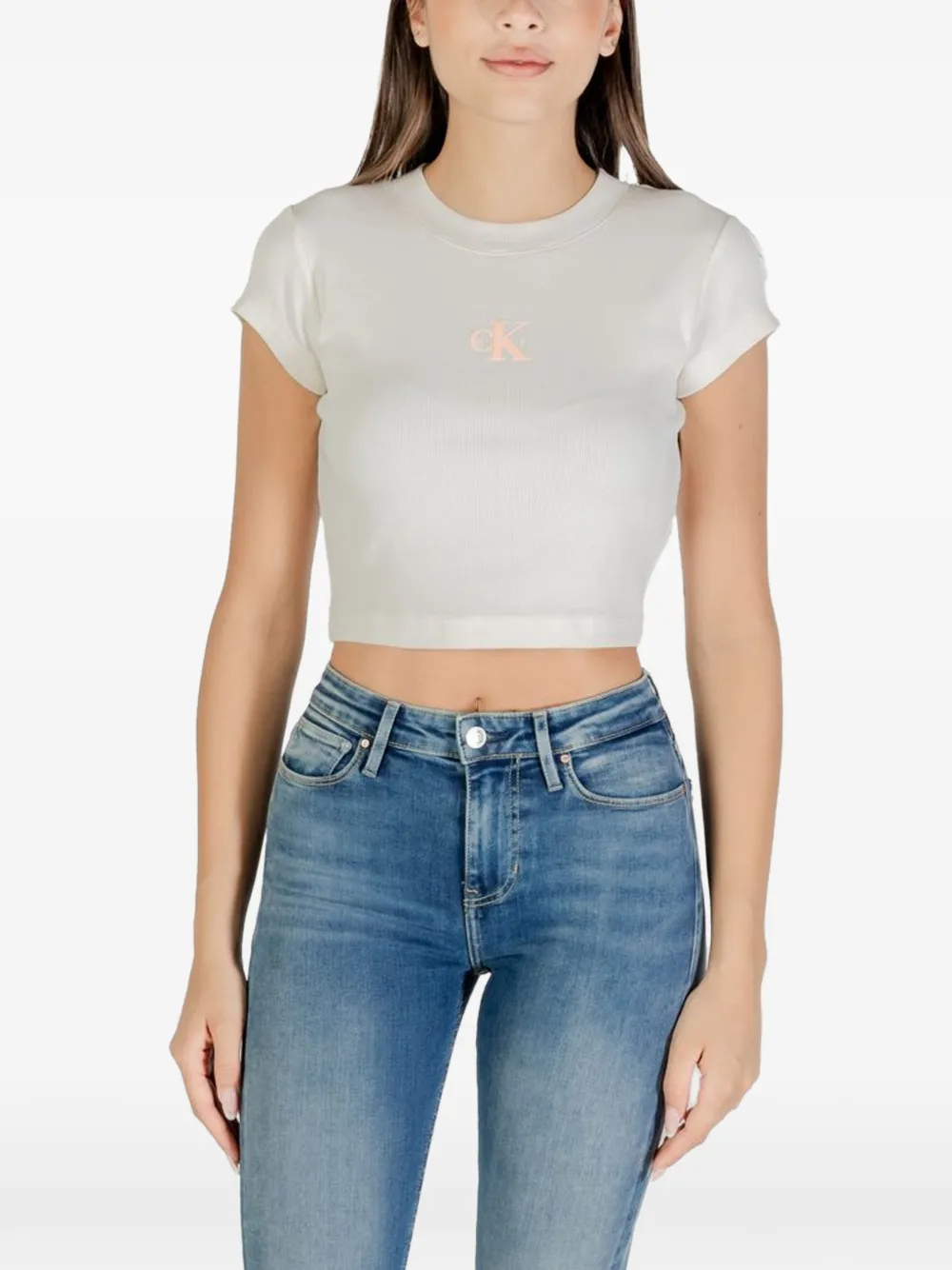 Calvin Klein Jeans logo-print ribbed cropped t-shirt - Toni neutri