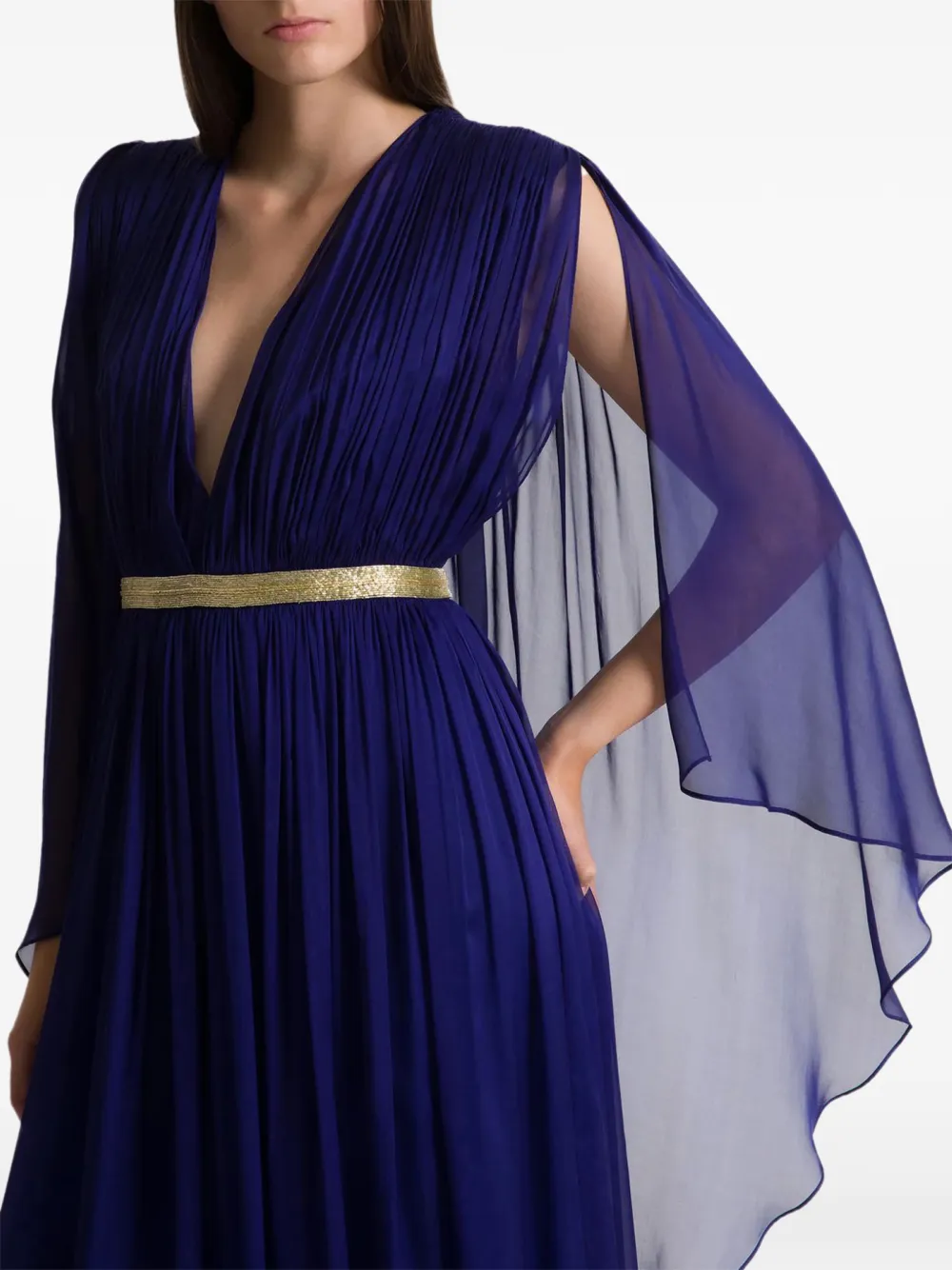 Alberta Ferretti cape-sleeve pleated gown dress - Blu