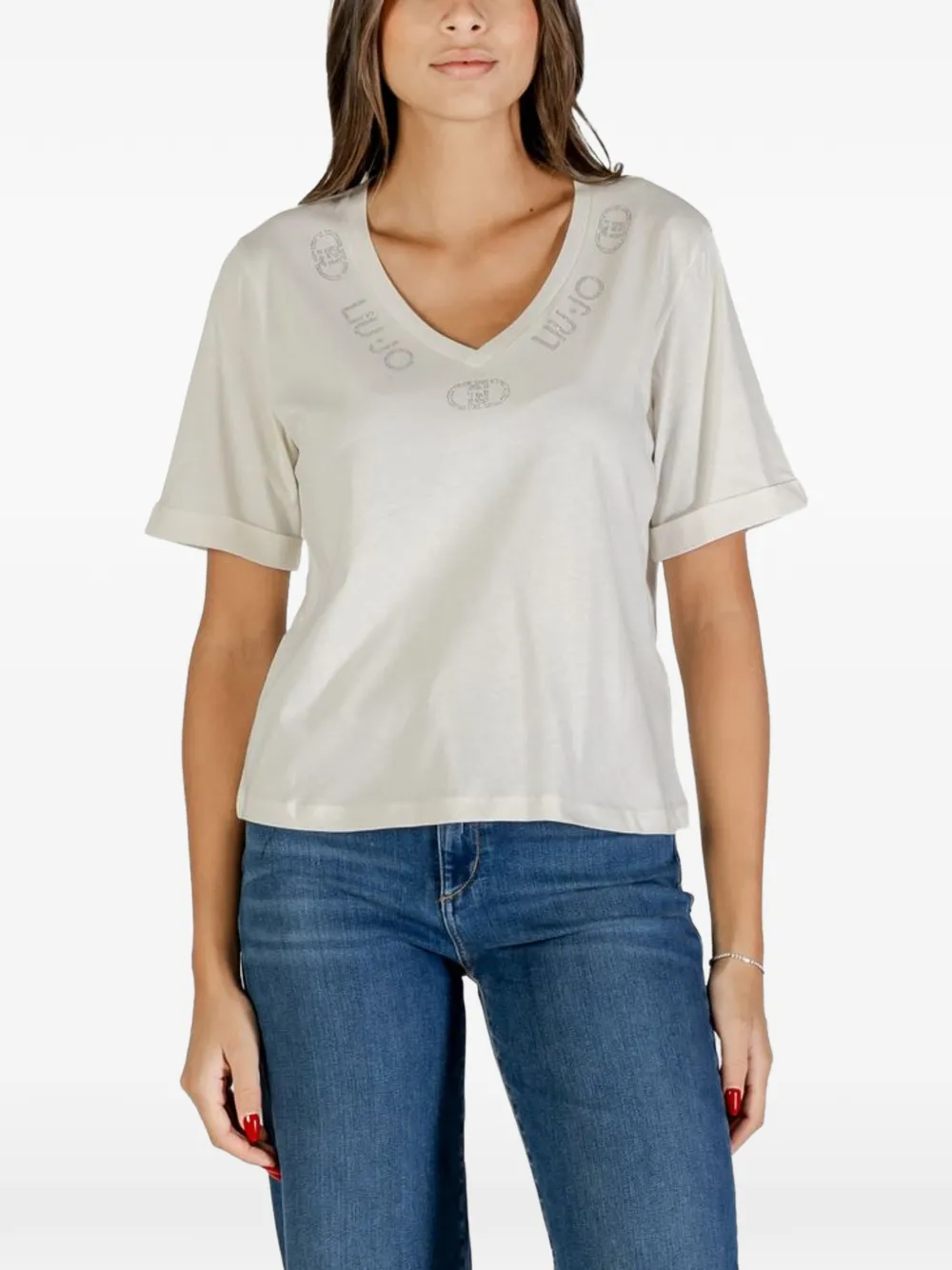 LIU JO rhinestone-embellished V-neck T-shirt - Toni neutri