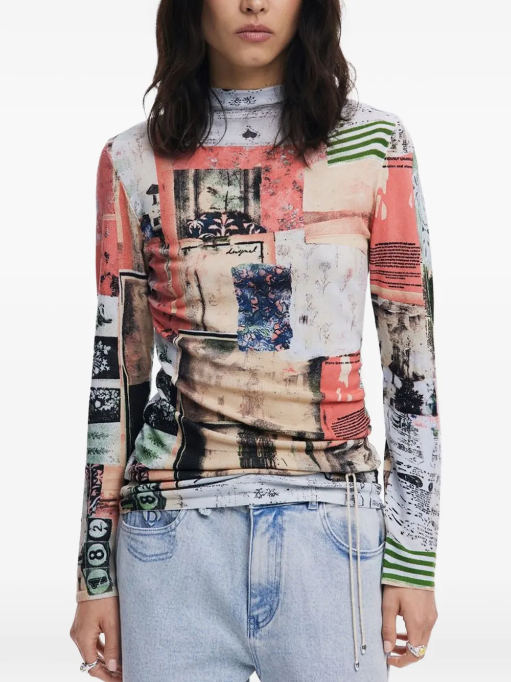 Desigual patchwork-print mock-neck top - Rosa