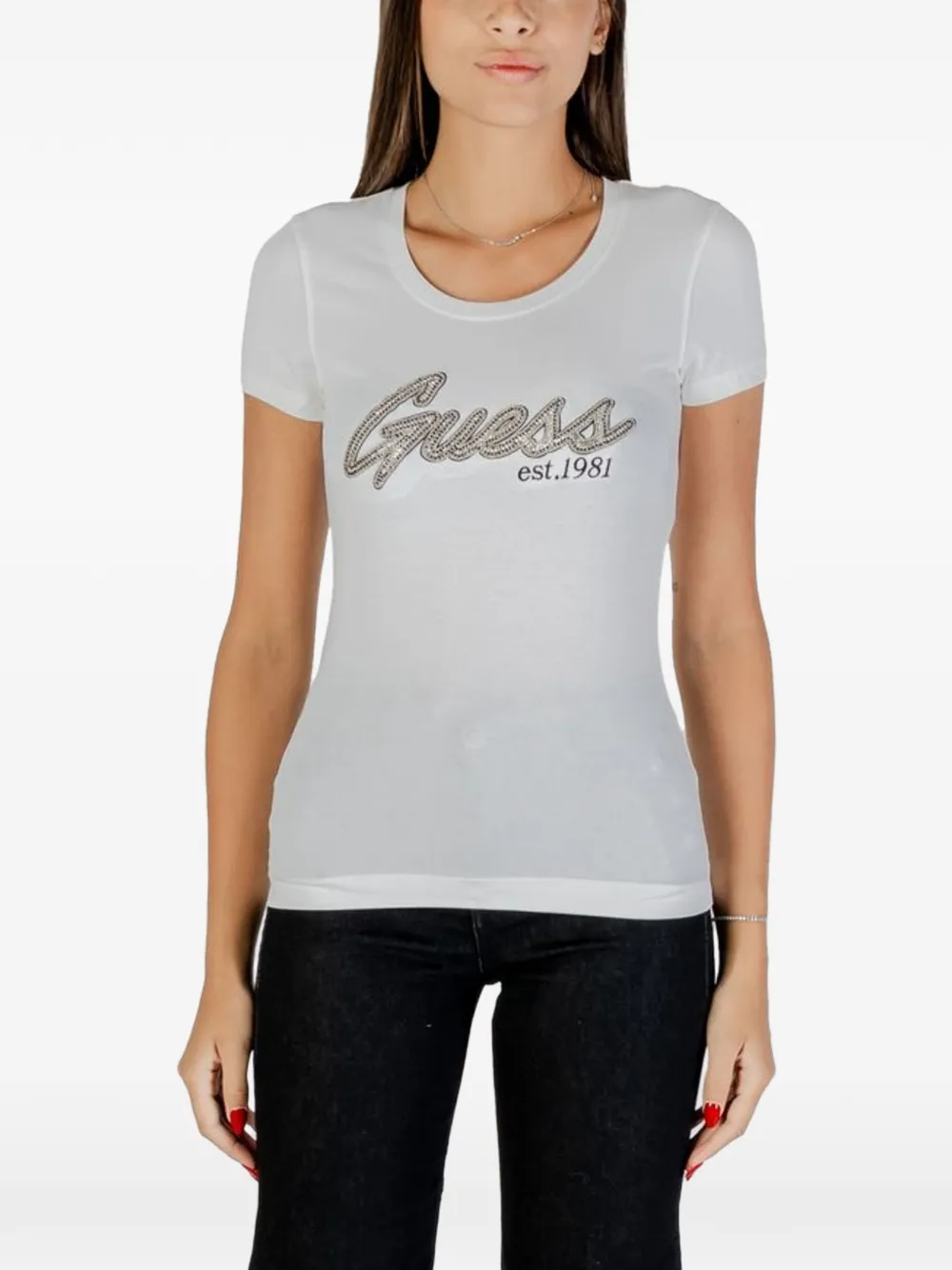 GUESS USA rhonestone-embellished logo T-shirt - Bianco