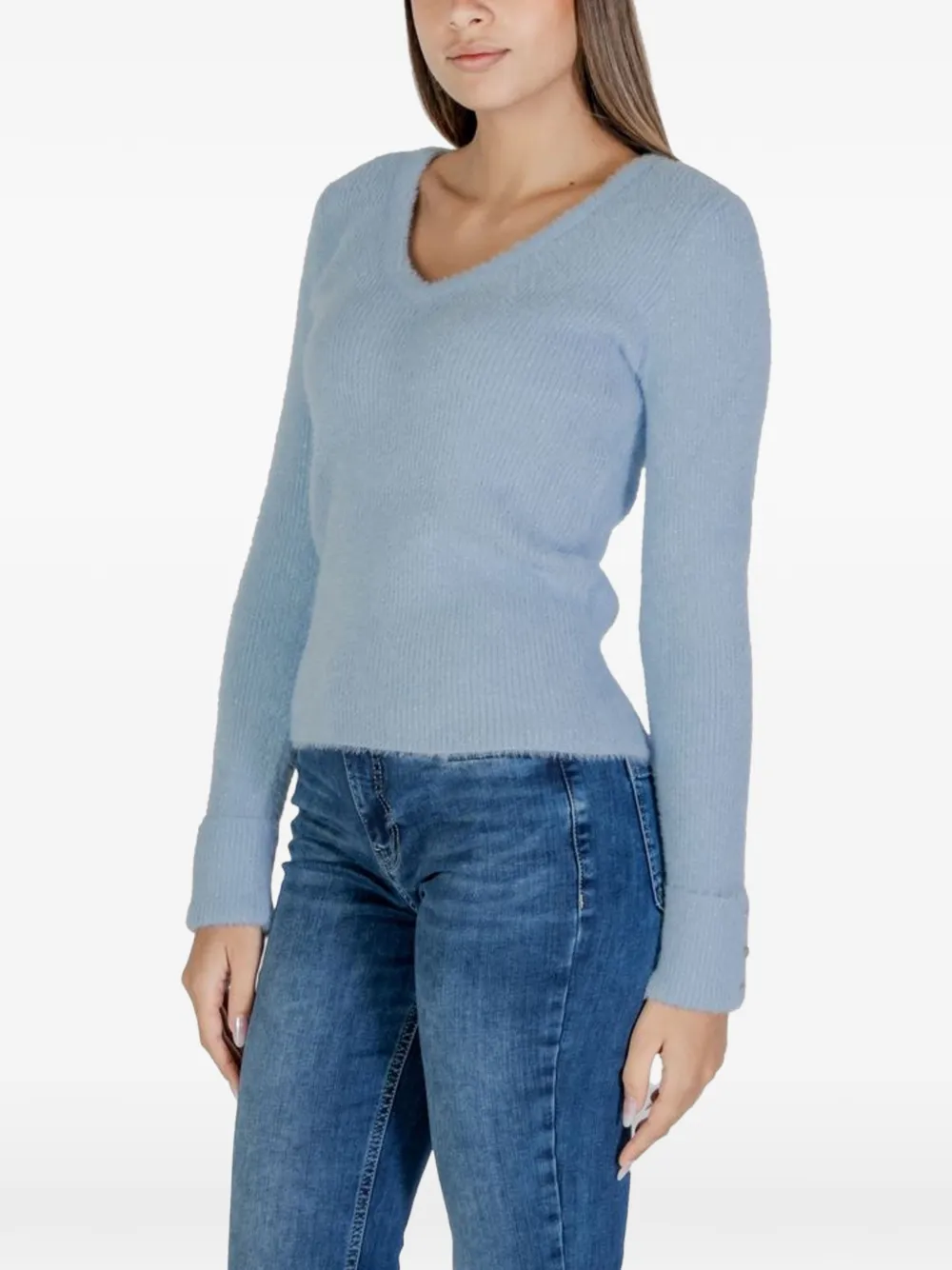 Morgan Pluizige geribbelde trui met V-hals Blauw