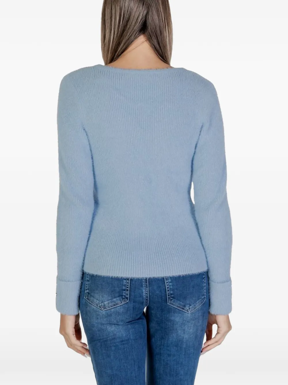 Morgan Pluizige geribbelde trui met V-hals Blauw