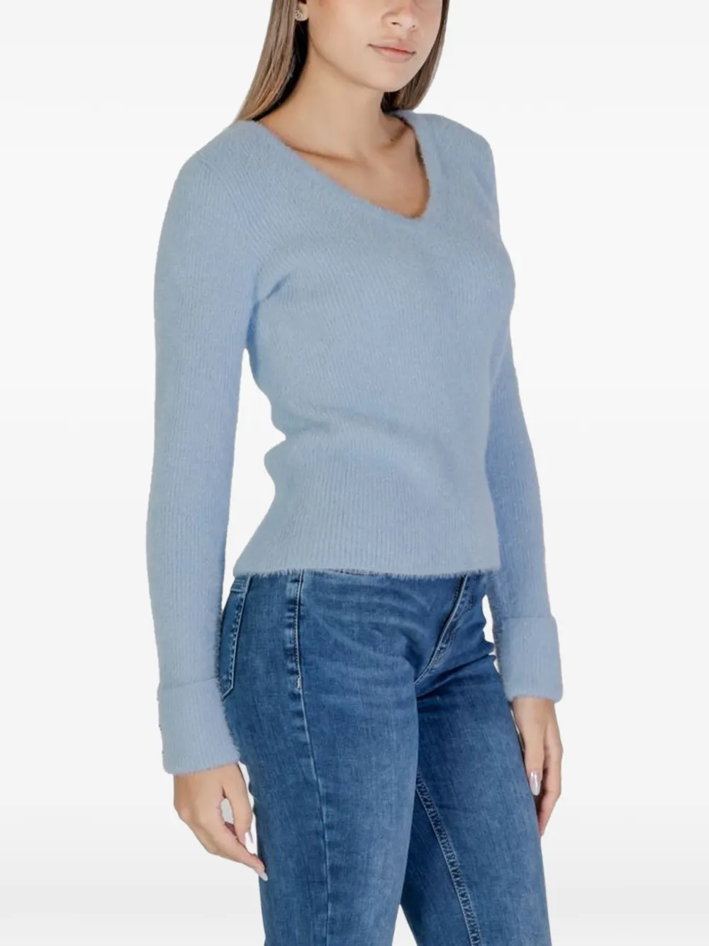 Morgan Pluizige geribbelde trui met V-hals Blauw