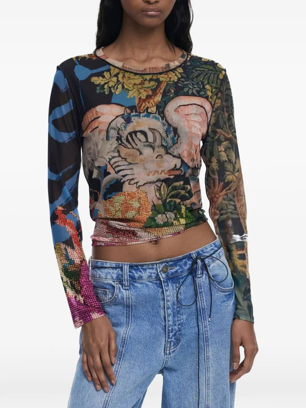 Desigual Floral-print Mesh T-shirt In Black