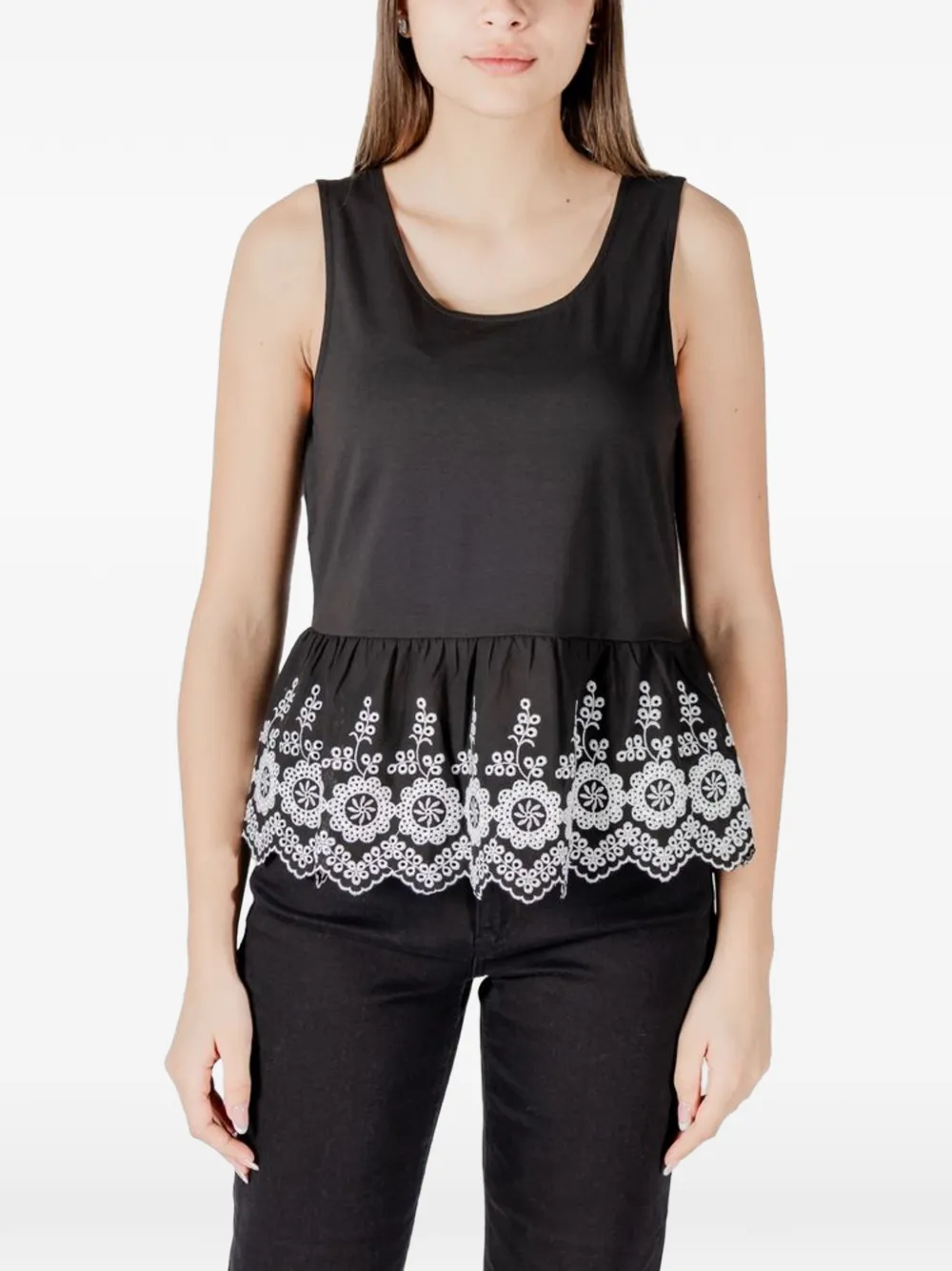 Ichi Embroidered Peplum Blouse In Black