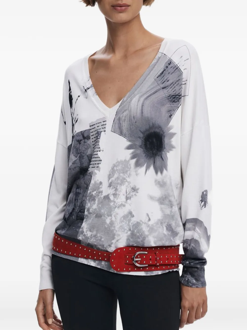 Desigual Graphic-print V-neck Top In White