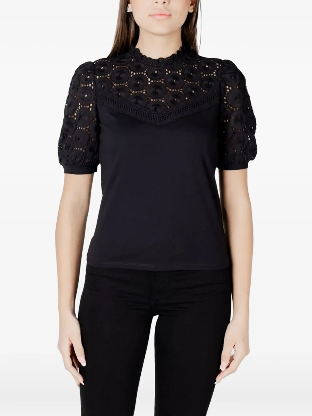 Morgan lace-detail high-neck T-shirt - Nero