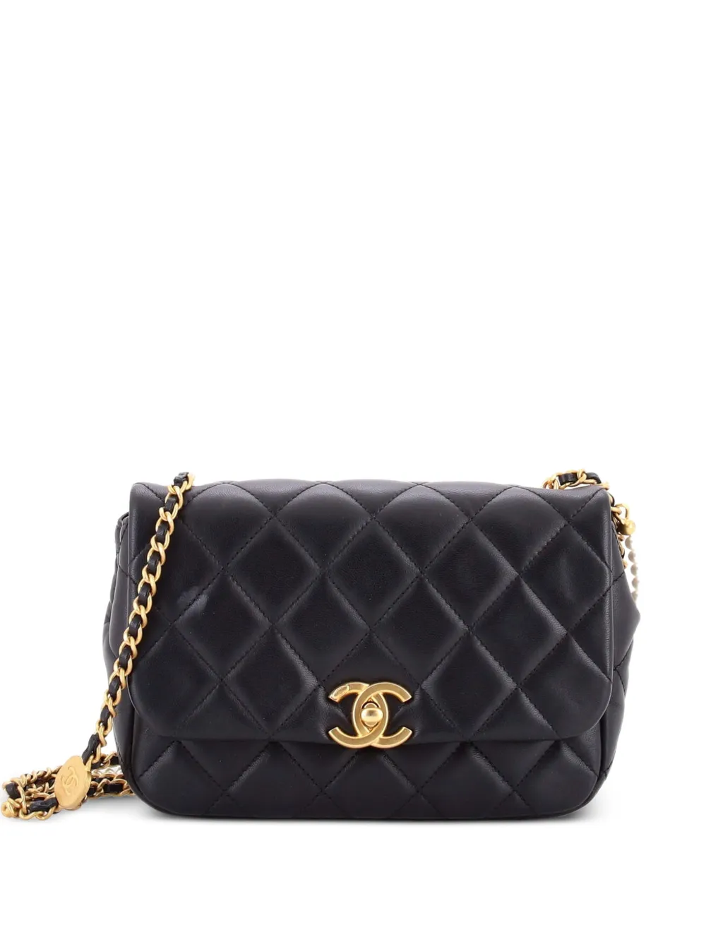 CHANEL Pre-Owned Medallion Pearl Chain Flap Bag Quilted Lambskin Mini crossbody bag - Nero