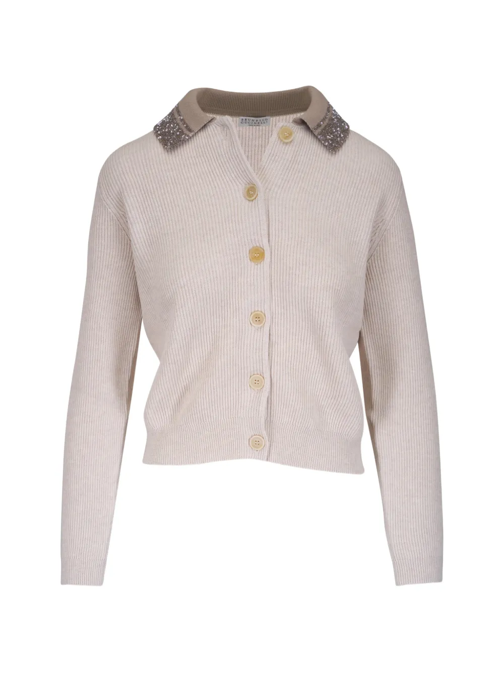 Brunello Cucinelli embellished-collar ribbed-knit cardigan - Neutrals