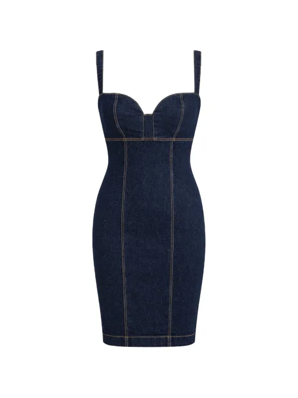 guess denim mini dress GUESS USA contrast-stitched sweetheart-neck Mini Dress | Blue