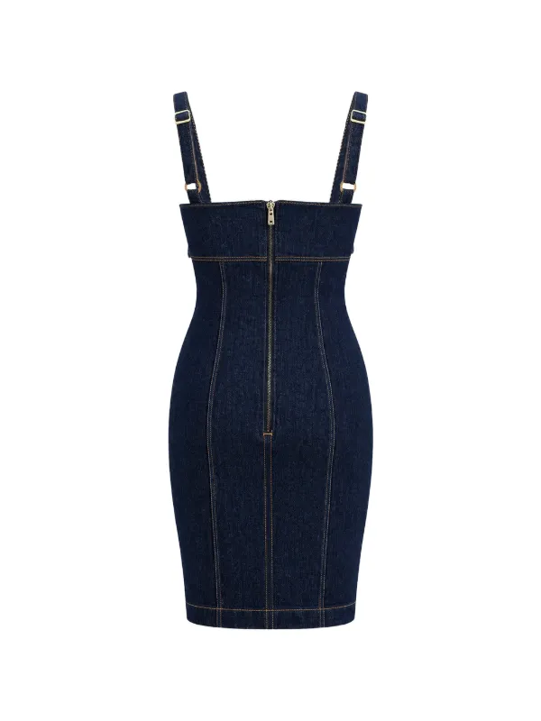 guess blue dresses GUESS USA contrast-stitched sweetheart-neck Mini Dress | Blue