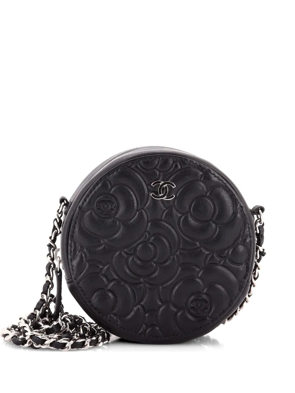 CHANEL Pre-Owned Clutch tonda mini in pelle di capra con camelie e catena - Nero