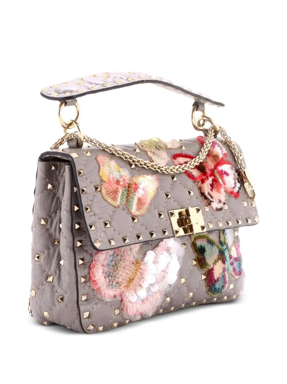  Valentino Garavani Pre-owned Sac Porté épaule Format Moyen à Rabat En Cuir Matelassé à Ornements En Sequins Et Clous Rockstud Spike - Gris 