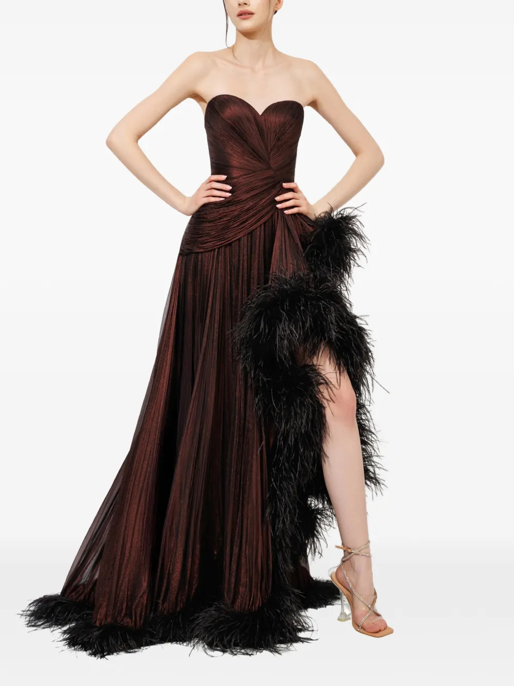 Iris Serban Lera feather-trim gown - Marrone