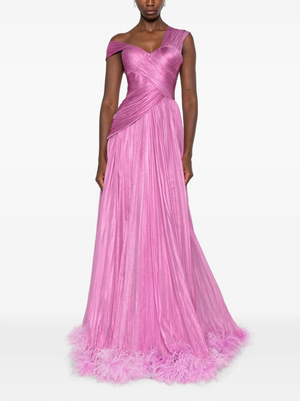 Iris Serban Maxi-plooijurk met veren Roze