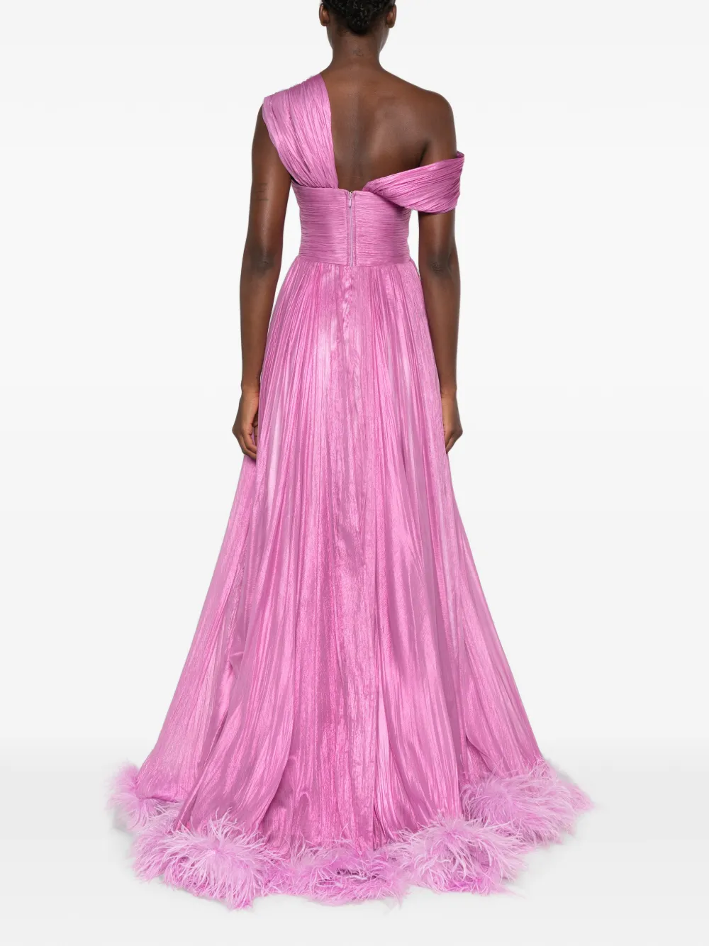 Iris Serban Maxi-plooijurk met veren Roze