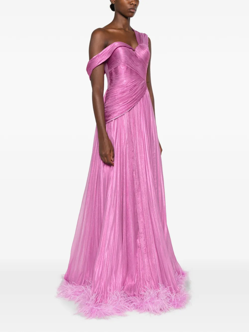 Iris Serban Maxi-plooijurk met veren Roze