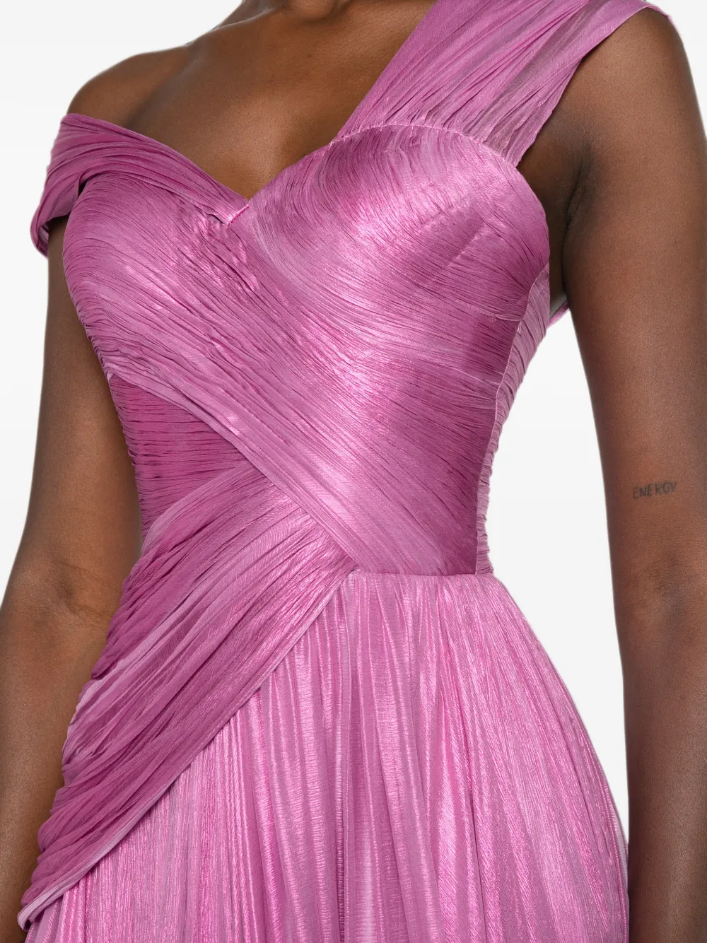Iris Serban Maxi-plooijurk met veren Roze