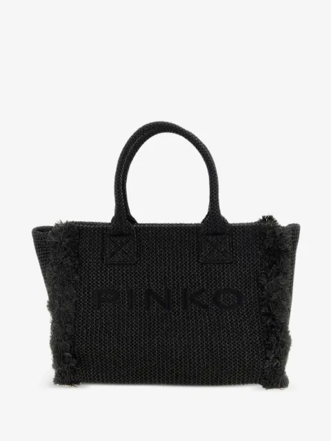 PINKO medium beach shopping tote in raffia with logo and tassels