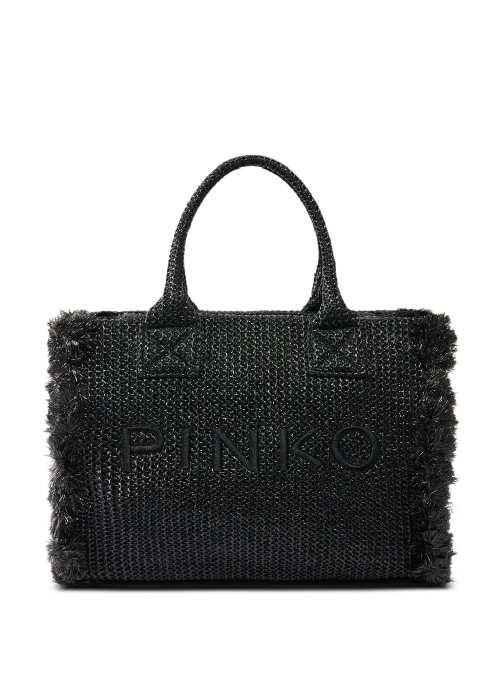 PINKO medium beach shopping tote in raffia with logo and tassels