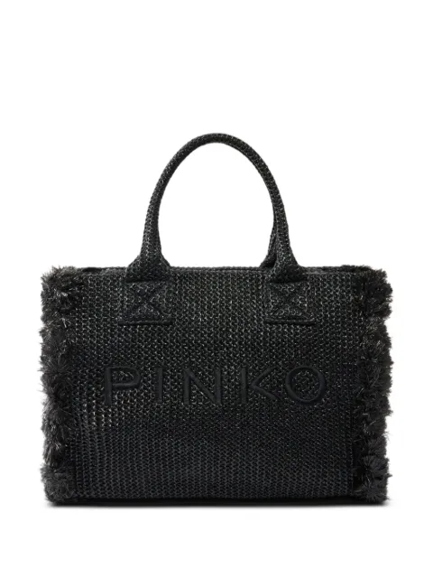PINKO medium beach shopping tote in raffia with logo and tassels
