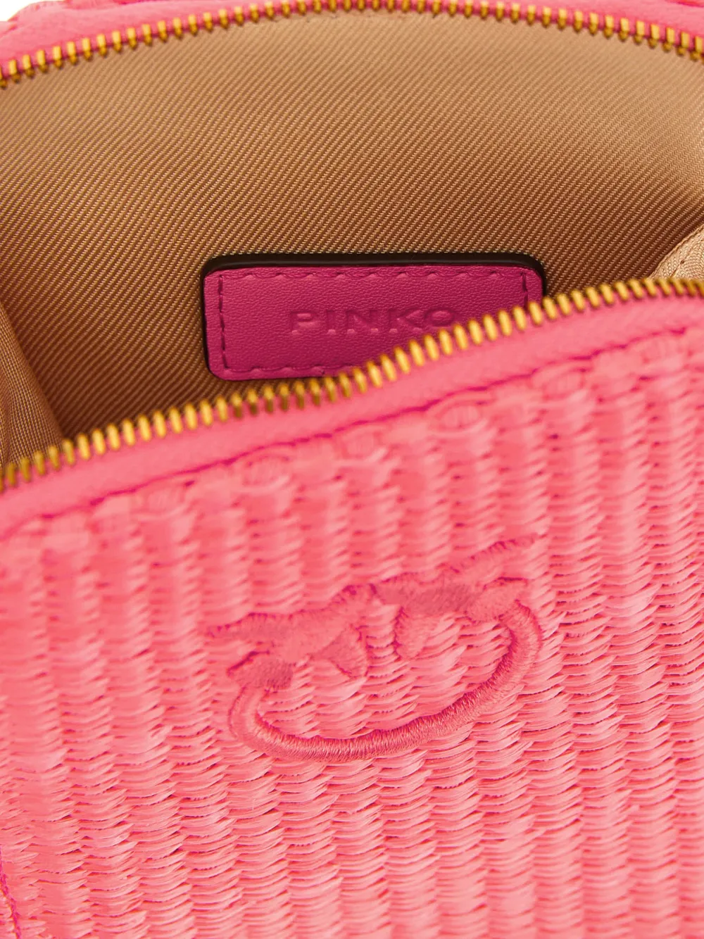 PINKO Love Birds gevlochten raffia telefoonhoesje Roze