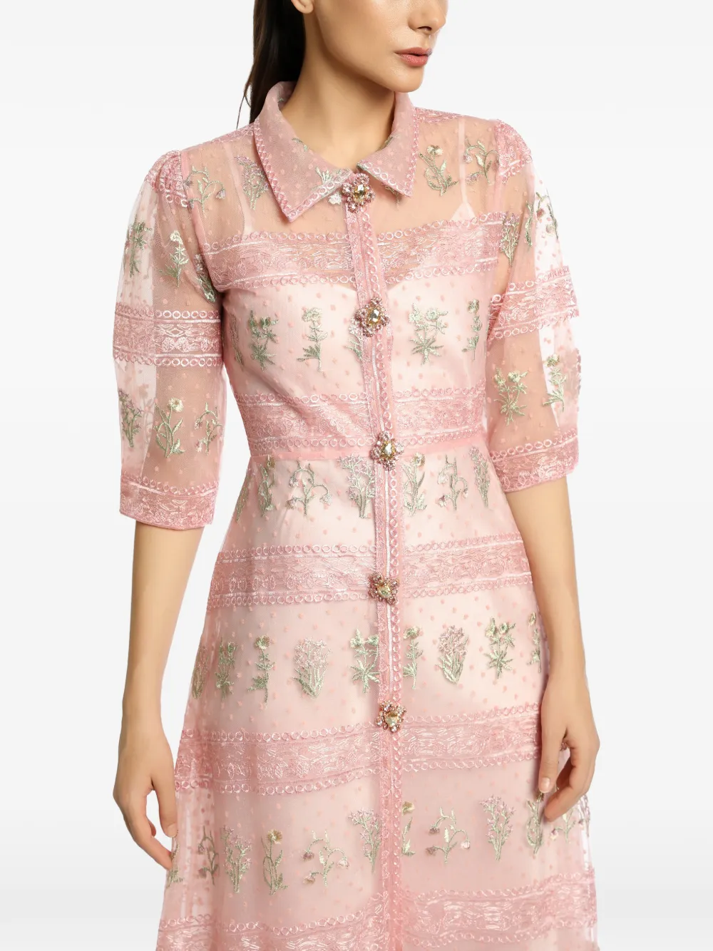 MIAU by Clara Rotescu Shula floral-embroidered tiered dress - Pink