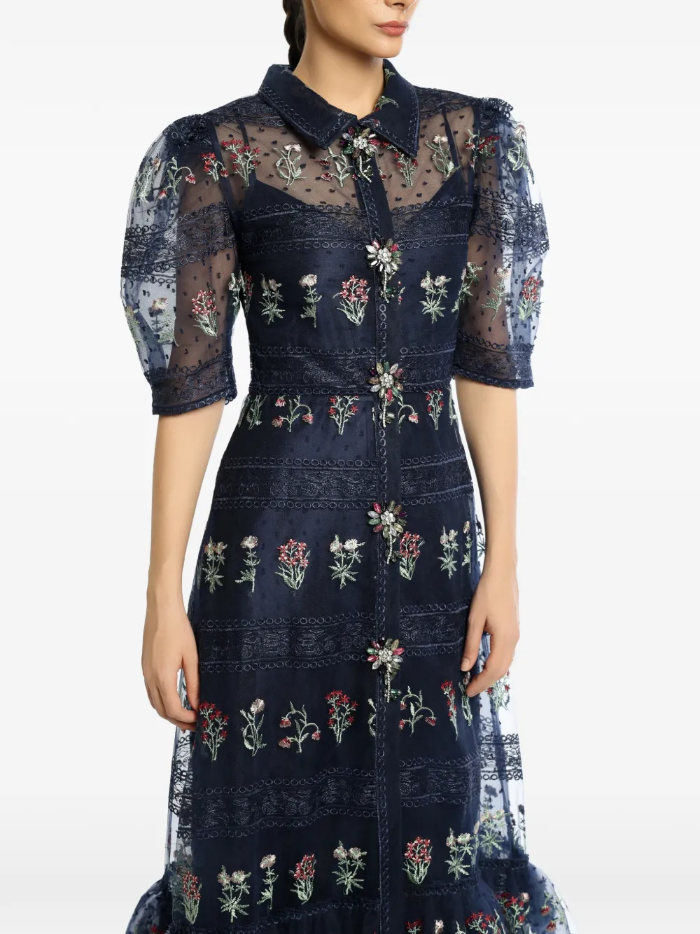 MIAU by Clara Rotescu Dima floral-embroidered tiered dress - Blau