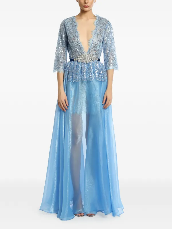 strapless open back dress Montage by Mon Cheri M536 - Beaded Peplum Evening Gown 16 / Navy main image 0